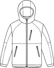 Black and white line drawing of a hooded jacket with zippered pockets hoodie coat © Limon