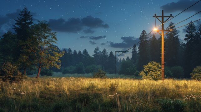 3d visualization of power transmission lines and night sky  a symbol of renewable energy progress