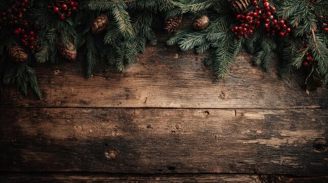 Rustic wooden surface decorated with evergreen branches and red berries for christmas holiday background