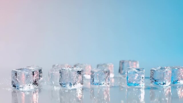 A row of frosty ice cubes sits on a reflective surface with a cool blue gradient background