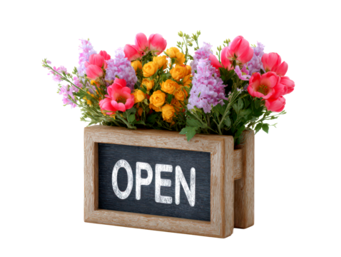Small Vibrant Flower Stand with Bouquets and Open Sign Isolate on Transparent Background, cutout, png