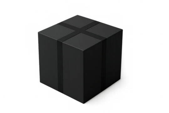 Black gift box with dark ribbon packaging for premium delivery, special occasion or mysterious present on transparent background