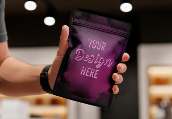 Pouch Mockup Held By Man In Retail Setting