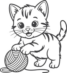 Obraz premium Playful Cartoon Kitten with Yarn Ball Black and White Line Art for Kids