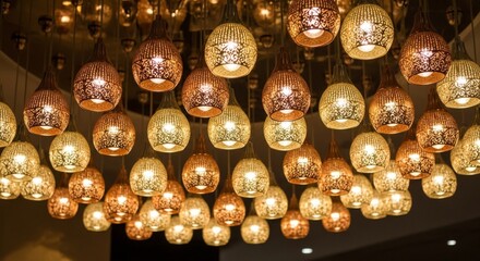 Decorative lights hanging from ceiling creating warm glow in modern interior with intricate patterns and soft, inviting ambiance.