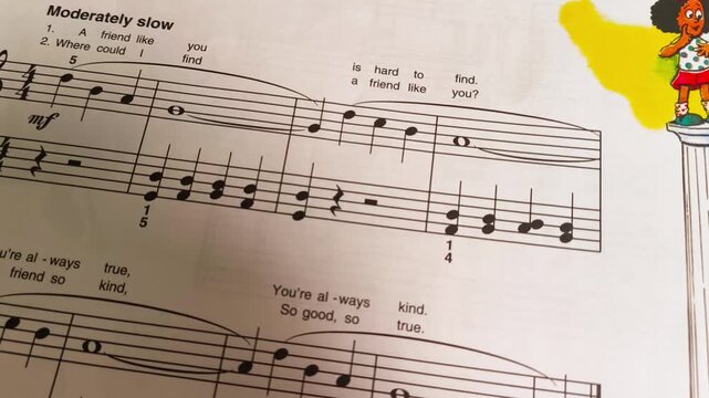 Sheet music excerpt for piano students learning a song about friendship, perfect for music education materials or heartwarming musical performances, with notes and lyrics