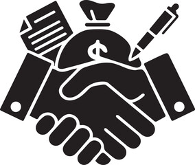 Handshake with money bag, contract, and pen symbolizing business deal agreement finance