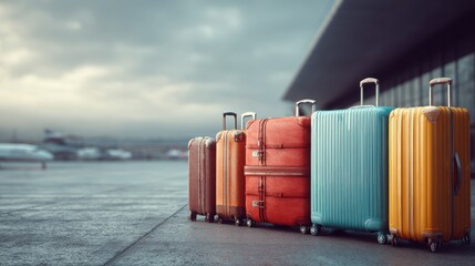 Colorful suitcases lined up at an airport terminal ready for travel on a cloudy day with an overcast sky