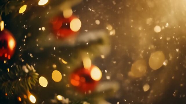 Blurry close-up of a Christmas tree with red ornaments and golden lights against a warm, bokeh background with a shallow depth of field.