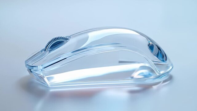 A translucent blue computer mouse with a visible scroll wheel on a soft, cool background