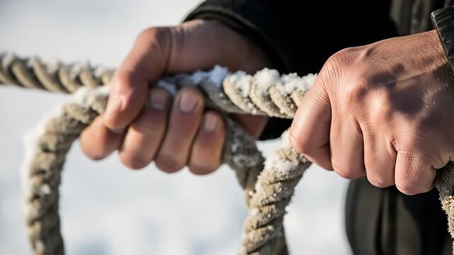 Two hands pull a thick, weathered rope covered in white frost against snow background