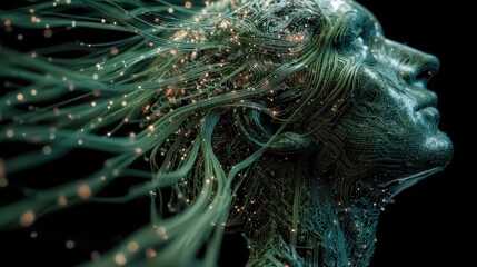 Digital sculpture of a human-like figure with circuit-like features and glowing elements, showcasing a fusion of technology and humanity in a dark setting