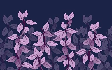 A vibrant pixel illustration with bright, lavender and light purple leaves layered over darker, subtly shadowed foliage with deep navy blue background. Perfect for wallpaper, background and lo-fi.