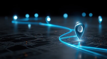Bright blue location markers follow a glowing path on a dark map during a digital navigation session in a modern space