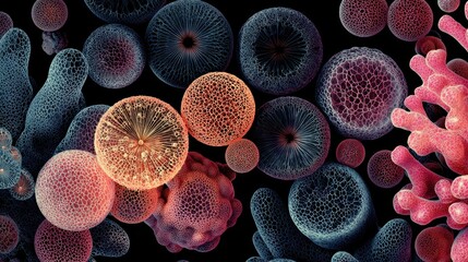 Colorful microscopic view of microorganisms in varied shapes and sizes set against a dark background