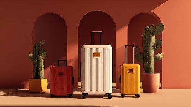 Stylish luggage set displayed in a sunny outdoor setting with potted plants highlighting modern design and vibrant colors - Powered by Adobe