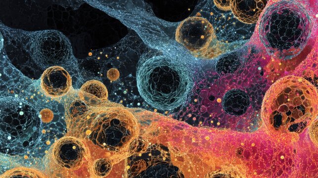 Colorful abstract representation of cellular structures in a fluid medium during scientific visualization