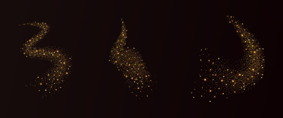 Golden glitter dust with sparkling curved lines on dark night sky set. Shimmer spray effect for festive celebration collection. Bright stardust, light powder texture. Vector background illustration.