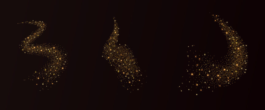 Golden glitter dust with sparkling curved lines on dark night sky set. Shimmer spray effect for festive celebration collection. Bright stardust, light powder texture. Vector background illustration.