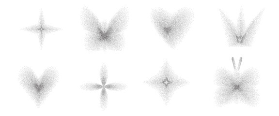 Grain gradient black faded shapes. Y2k dot noise black shadow figures set. Heart, butterfly flower dots gradation airbrush elements. Vector grainy texture twinkle, crown shapes set on transparent bg.