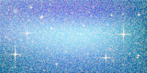 Abstract fashion sequin pixel square mosaic pattern background. Blue mirror glitter texture and sequins shine. Cool neon sparkle background with light reflection. Vector festive disco ball design.