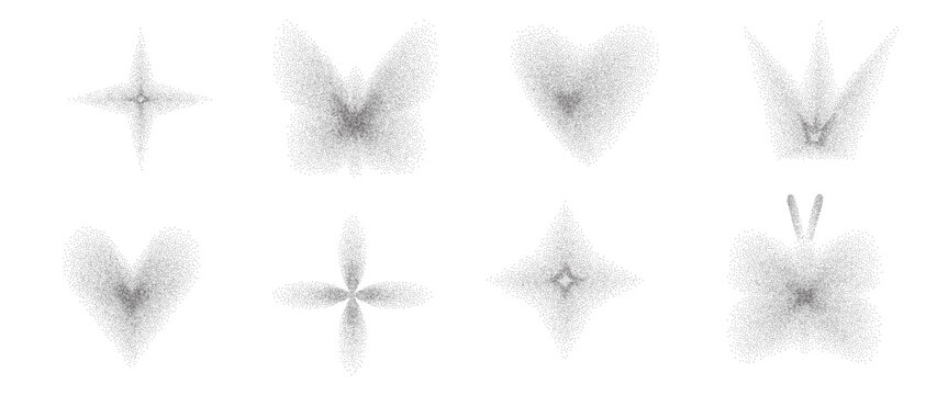 Grain gradient black faded shapes. Y2k dot noise black shadow figures set. Heart, butterfly flower dots gradation airbrush elements. Vector grainy texture twinkle, crown shapes set on transparent bg.