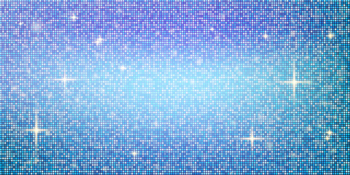 Abstract fashion sequin pixel square mosaic pattern background. Blue mirror glitter texture and sequins shine. Cool neon sparkle background with light reflection. Vector festive disco ball design.