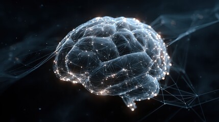 Digital representation of a brain showcasing neural connections in a futuristic setting with glowing effects