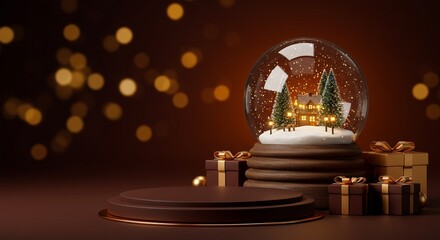 Luxurious Christmas Podium, Snow Globe, and Gift Boxes. Festive Winter Scene with Golden Bokeh Lights Background.