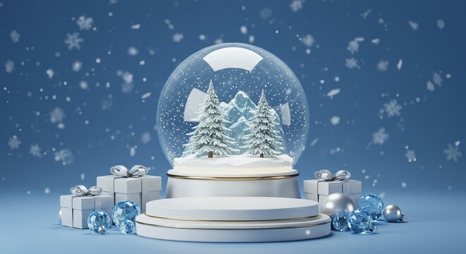 Elegant Christmas Podium Stage with Snow Globe, Gifts, and Ornaments on a Snowy Blue Background. Winter holiday product display scene.