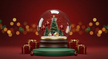 Christmas Product Display: Green Pedestal, Snow Globe, and Red Gifts on Festive Bokeh Background.