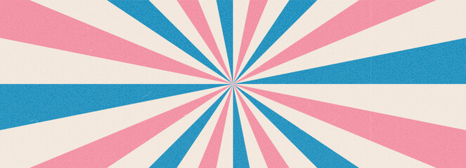 Groovy pink and blue circus pinwheel. Retro starburst background with scratch and dust texture. Sun rays abstract illustration. Vector wavy carnival decoration. Radial stripes vintage backdrop design.