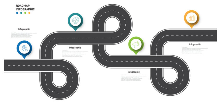 Business roadmap timeline infographic icons. Four steps process or timeline journey. Infographic design template with place for your text. Vector illustration.