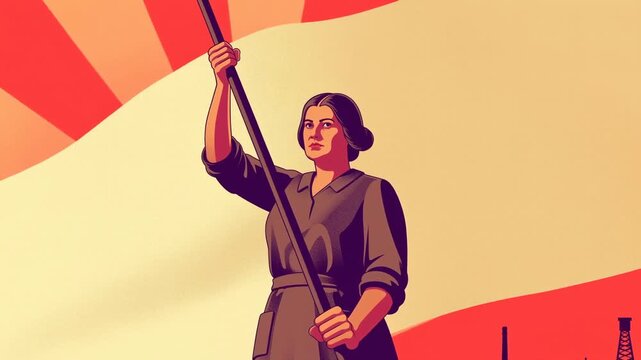 Communist propaganda poster of working woman holding flag