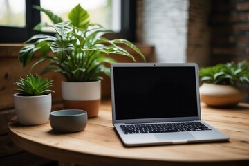Wooden table with laptop blank white screen, complemented by a vibrant potted plant