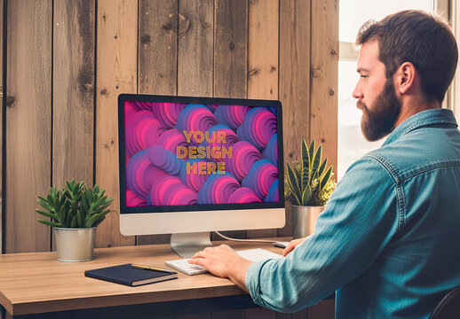 Screen Computer Mockup Casual Man With Beard