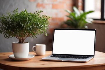 Wooden table with laptop blank white screen, complemented by a vibrant potted plant