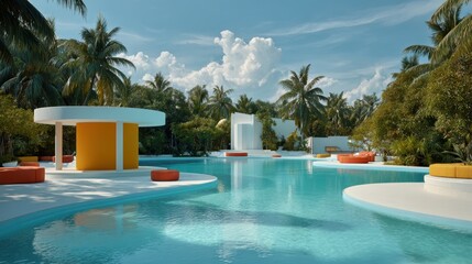 Relaxing poolside scene with palm trees and modern architecture under a blue sky during daytime