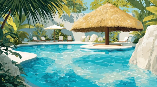 Relaxing day by the tranquil pool with a thatched roof cabana surrounded by lush tropical plants and clear blue water under bright sunlight - Powered by Adobe
