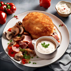 Appetizing meat dish with rice, vegetables, and creamy sauce served on a rustic table. Ideal for restaurant menu or food advertisement.