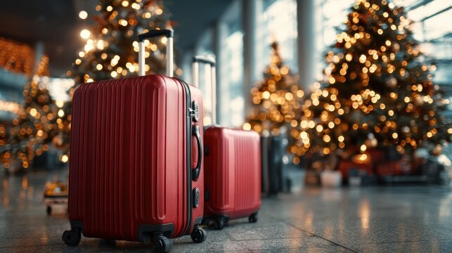 Holiday travel scene with red luggage in an airport decorated for Christmas during the festive season - Powered by Adobe