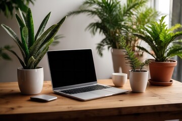 Wooden table with laptop blank white screen, complemented by a vibrant potted plant