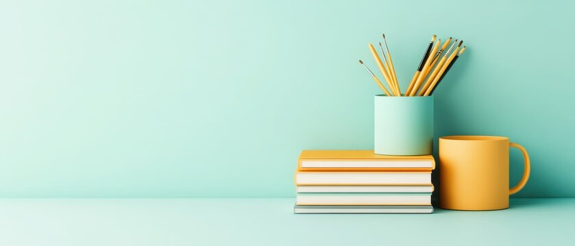 A stack of books with paint brushes in a holder and a mug on a light blue background, symbolizing imagination and inspiration.