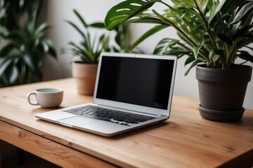 Wooden table with laptop blank white screen, complemented by a vibrant potted plant