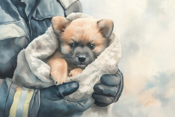 A small puppy wrapped in a soft blanket being gently held by a person wearing dark gloves and protective clothing, evoking warmth and care