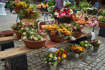 Market stall with a variety of flowers and plants for sale.