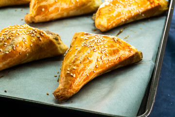 Puff pastry triangles with jam. Baking. Food concept.