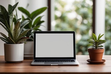 Wooden table with laptop blank white screen, complemented by a vibrant potted plant