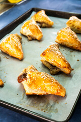 Puff pastry triangles with jam. Baking. Food concept.