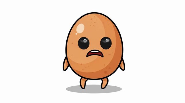 Cartoon egg character stands wide-eyed, looking worried against a plain white background